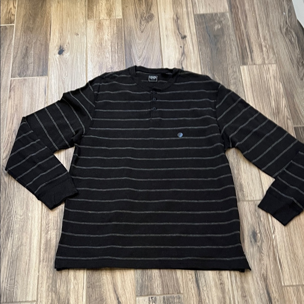 NEW Chaps Black and Gray Striped Long Sleeve Henley Shirt